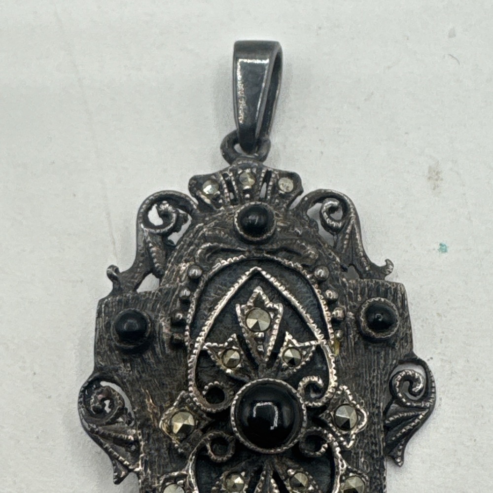 925 Sterling Silver Vintage Black Onyx & Marcasite Art-Deco-Style Pendant 11.8g - Picture 2 of 6